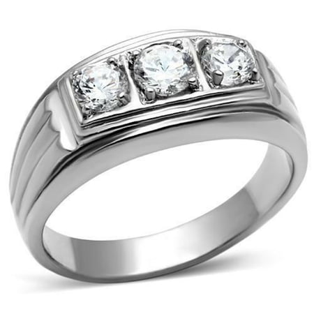 Anillo corte redondo para hombre de acero inoxidable plateado con 3 circonitas cÃºbicas