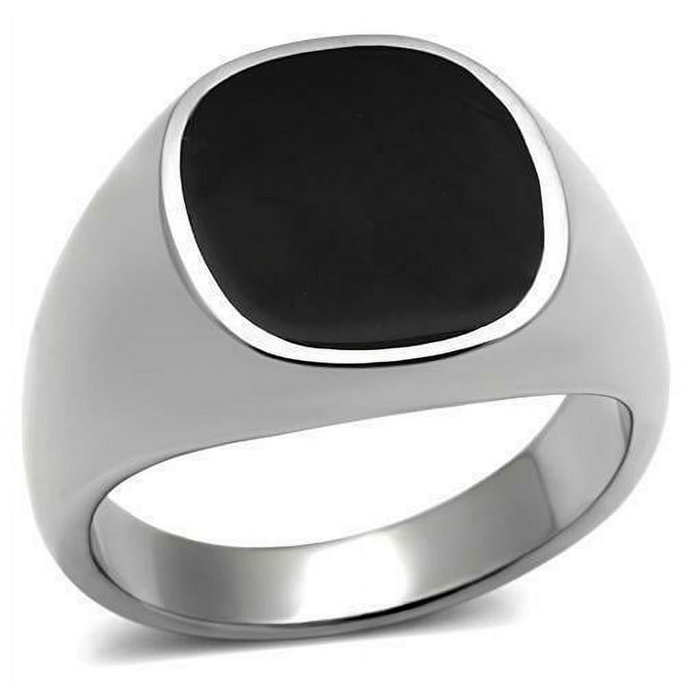 Anillo piedra negra para hombre de banda de acero inoxidable corte