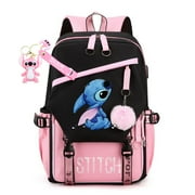 OPQJJGJS Anima Stitch Backpack Cartoon Student Laptop Daypack with USB Charging Port Travel Schoolbag for Boys Girls Pink 2ps set