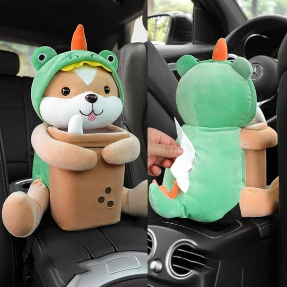 Animal 2 in 1 Car Tissue Box and Trash Can, Car Armrest Tissue Case, Cute Plush Cartoon Car Trash Bin, Plush Car Tissue Holder, Creative Animal Cartoon Decorative Organizer