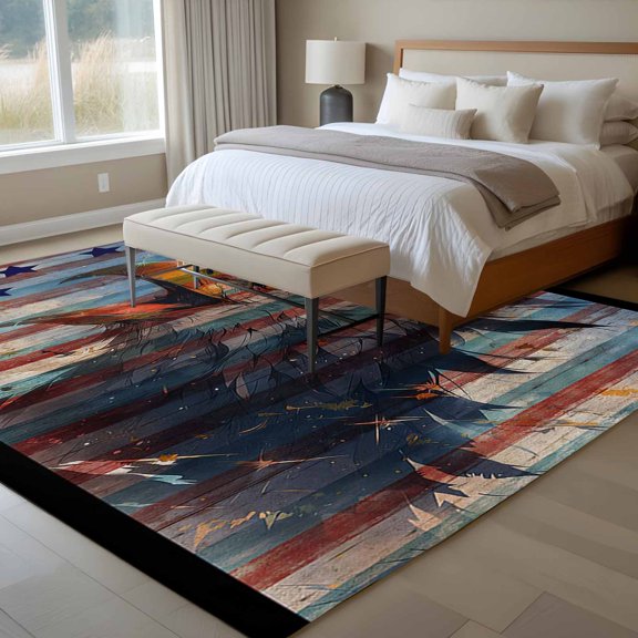 Animal 6x9 Rug for Dining Room Table and Chair Setup, Eagle Head Stars Wood Grain Overlay Feathers Low Pile Washable Non Slip Rectangle Area Rug