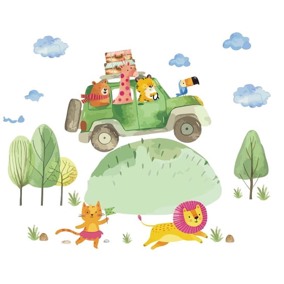 Animal Adventure Wall Sticker Safari Car Adventure Animal Travel Wall Decal Toddler Watercolor Cartoon Room Decor for Classroom Baby Room