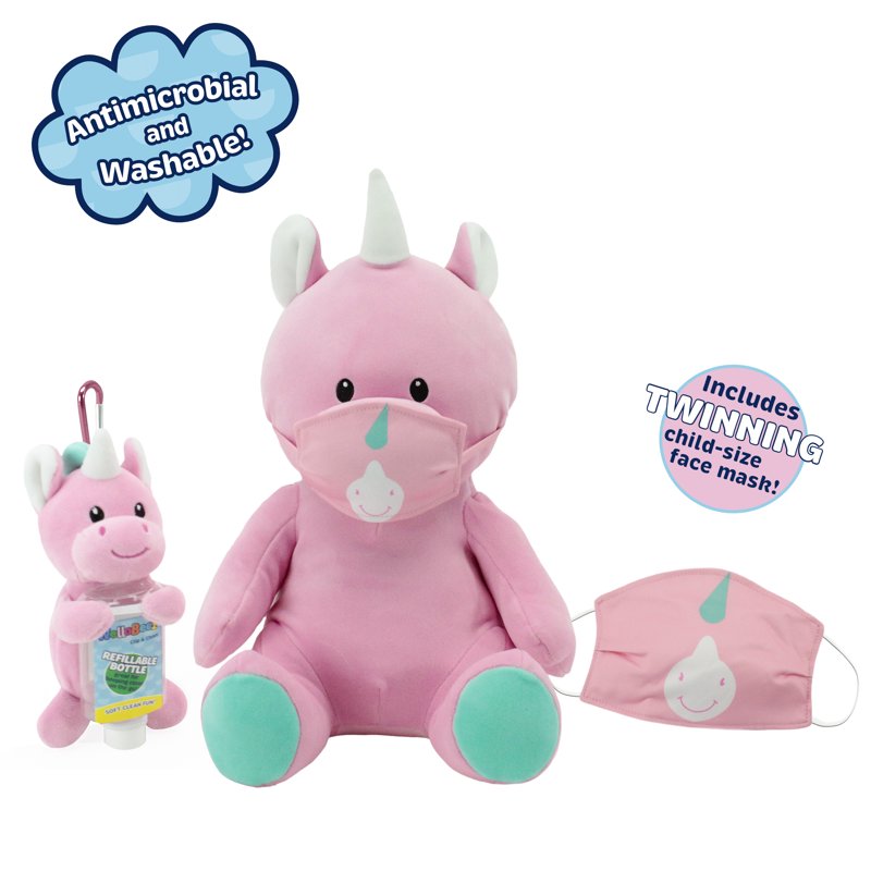 Animal Adventure WelloBeez Antimicrobial Plush Mask Mate Masked Plush with Additional Childs Face Mask & Clip & Clean Plush Keychain with Empty, Refillable Sanitizer Bottle Unicorn Bundle