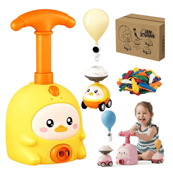 Animal Air Powered Balloon Car Toy, Air Powered Balloon Car Launcher Set, Easy Manual Balloon Pump, Basic Physics Learning, Party Favors for Kids Ages 3+ Yellow