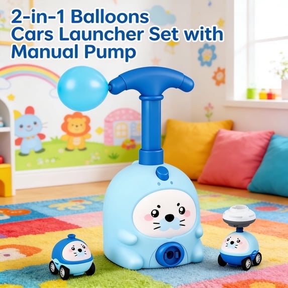Animal Air Powered Balloon Car Toy Manual Balloon Pump Powered Vehicle 2-in-1 Ground & Air Mode Smooth Edge ABS Construction Blue