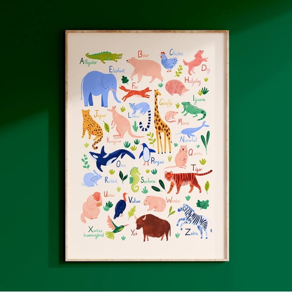Animal Alphabet Children's Nursery ABC Bright Wall Decor, Unframed Paper Poster 8x10in