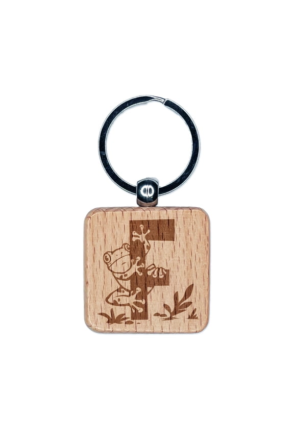 Animal Alphabet Letter F for Frog Square Keychain Charm Tag - Engraved Wood