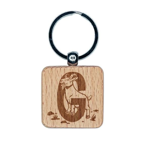 Animal Alphabet Letter G for Goat Square Keychain Charm Tag - Engraved Wood