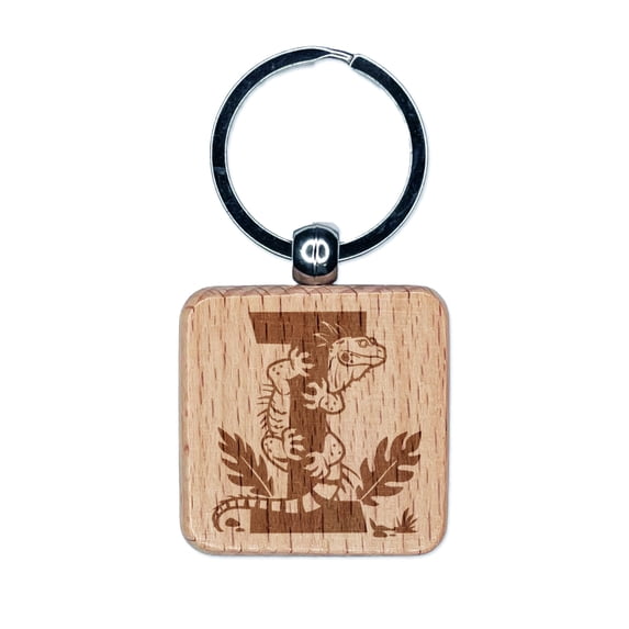 Animal Alphabet Letter I for Iguana Square Keychain Charm Tag - Engraved Wood