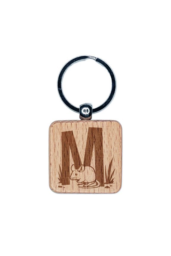 Animal Alphabet Letter M for Mouse Square Keychain Charm Tag - Engraved Wood