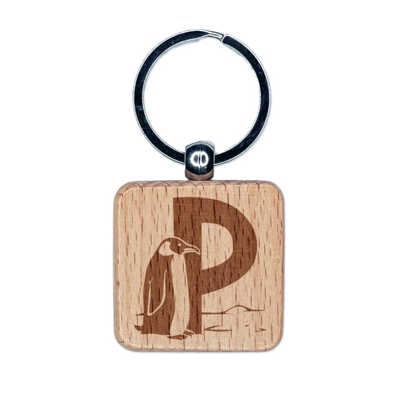 Animal Alphabet Letter P for Penguin Square Keychain Charm Tag - Engraved Wood