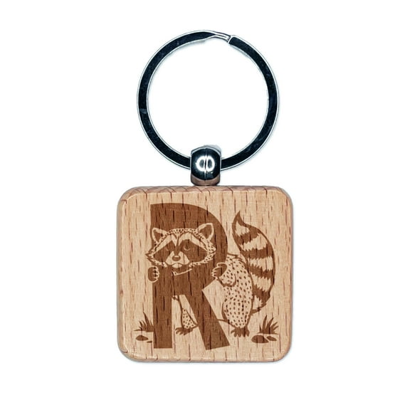 Animal Alphabet Letter R for Raccoon Square Keychain Charm Tag - Engraved Wood