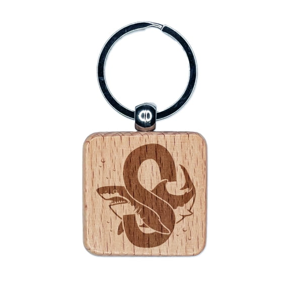 Animal Alphabet Letter S for Shark Square Keychain Charm Tag - Engraved Wood