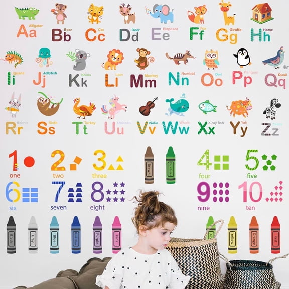 Animal Alphabet Numbers Colour Decals Stickers Kids Peel and Stick Removable Transparent decal Room decal Letters ABC Classroom playroom Decorations Educational Bedroom Nursery glass decals