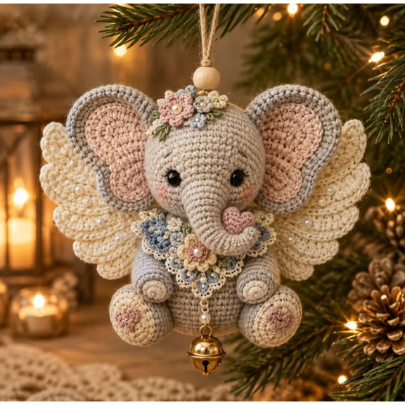 Animal Angel Crochet Ornament DIY Kit, Handmade Yarn Craft Set with Pattern Guide for Christmas Holiday Tree Decorations Gift (Elephant)