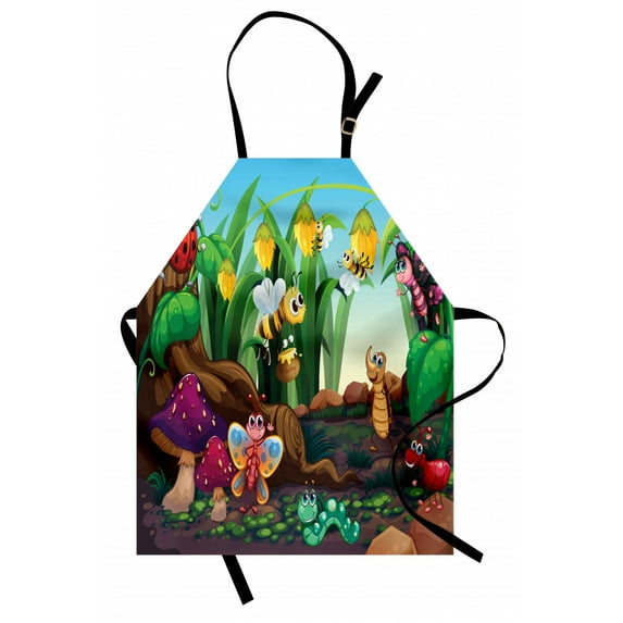 Animal Apron Ladybug Butterfly Bee in Exotic Garden Botany Cute Kids Nursery Themed Cartoon Art, Unisex Kitchen Bib Apron with Adjustable Neck for Cooking Baking Gardening, Multicolor, by Ambesonne