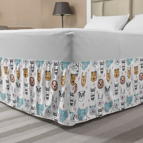 Animal Art Bed Skirt, Scandinavian Style Depiction of Smiling Wild Animal Faces Art Print, Elastic Bedskirt Dust Ruffle Wrap Around for Bedding Decor, 4 Sizes, White and Multicolor, by Ambesonne