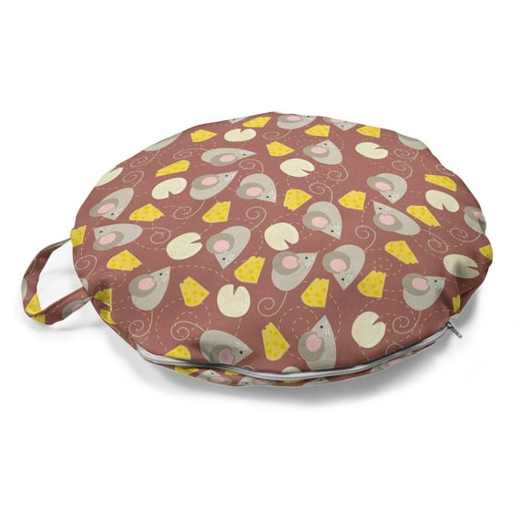 Animal Art Round Floor Cushion with Handle, Funny Mouse Following Cheese Chord Playful Cartoon, Decorative Pillow for Living Room & Dorms, 18" Round, Pale Chocolate and Multicolor, by Ambesonne