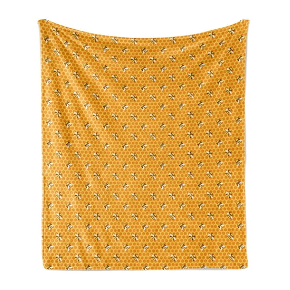Animal Art Soft Flannel Fleece Blanket, Repetitive Pattern of Ornamental Bees on Honey Combs Natural Nutrition, Cozy Plush for Indoor and Outdoor Use, 70" x 90", Mustard and Orange, by Ambesonne