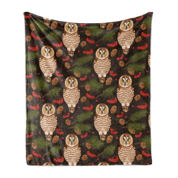 Animal Art Soft Flannel Fleece Blanket, Rowan Branches Along Fir Spruce Tree Leaves and Owls Nocturnal Birds, Cozy Plush for Indoor and Outdoor Use, 70" x 90", Brown and Multicolor, by Ambesonne