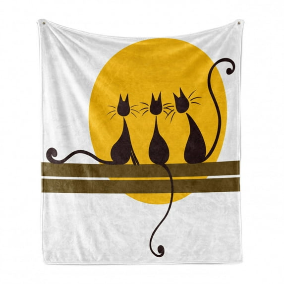 Animal Art Soft Flannel Fleece Throw Blanket, 3 Black Feline Cartoon Cats with Whiskers Staring at Sun Print, Cozy Plush for Indoor and Outdoor Use, 70" x 90", Yellow Brown Dark Brown, by Ambesonne
