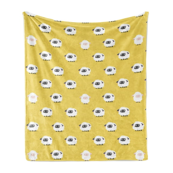 Animal Art Soft Flannel Fleece Throw Blanket, Cartoon Pattern Illustration of Sheep in Repetitive Pattern Art Print, Cozy Plush for Indoor and Outdoor Use, 50" x 60", Mustard White Grey, by Ambesonne