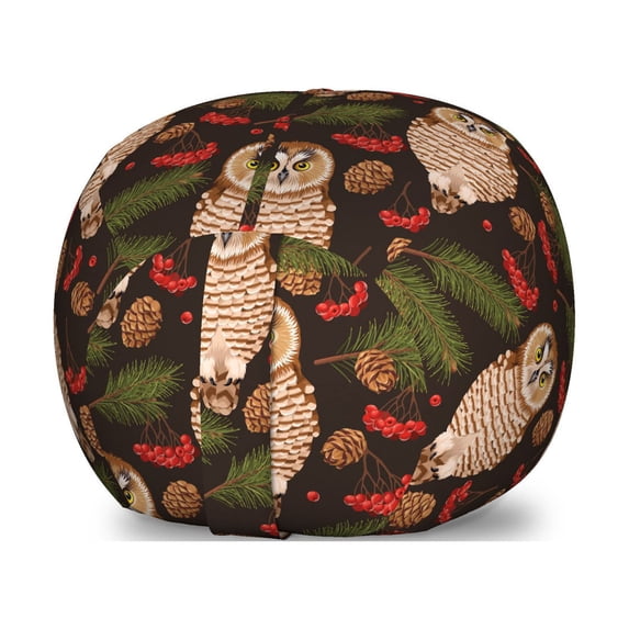 Animal Art Storage Toy Bag Chair, Rowan Branches Along Fir Spruce Tree Leaves and Owls Nocturnal Birds, Stuffed Animal Organizer Washable Bag, Large Size, Brown and Multicolor, by Ambesonne