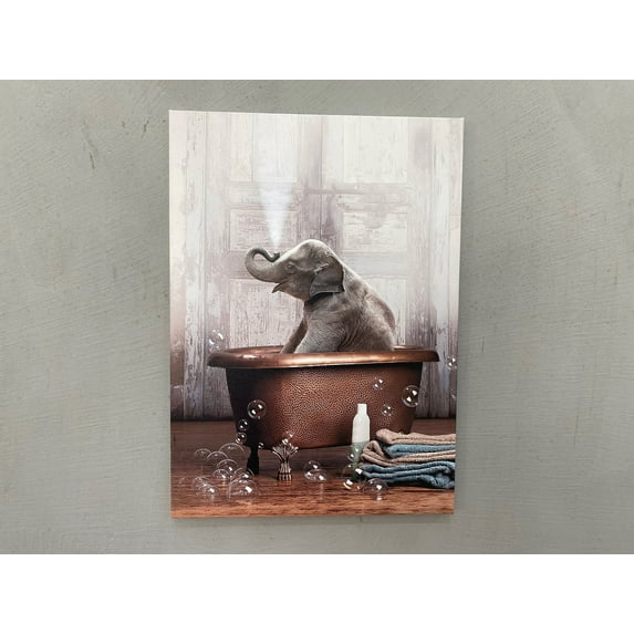 Animal Artwork, Elephant Wall Decor, Elephant Bathroom Canvas Art, Bathtub Elephant Art, Bathroom Poster, Cute Elephant Poster, Canvas Wall Decor - Gold Framed