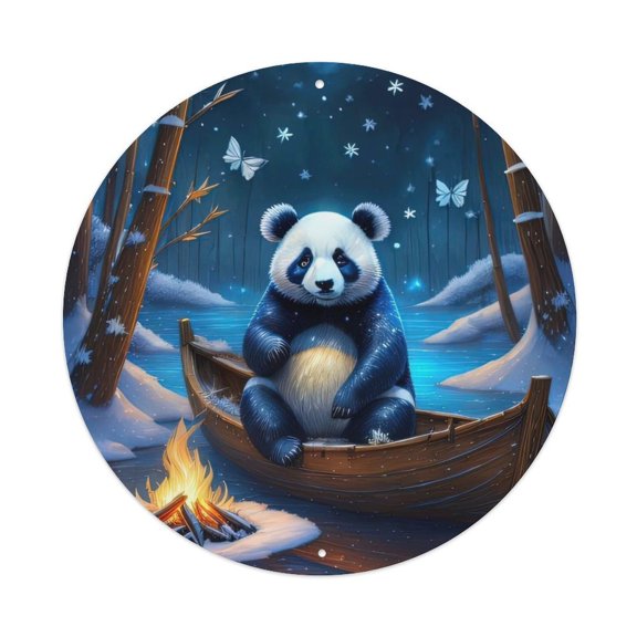 Animal Artwork Panda in The Snow Vintage Metal Tin Sign Plaque Wall Decor for Cafe, Club, Garden Round Metal Poster 8x8Inch