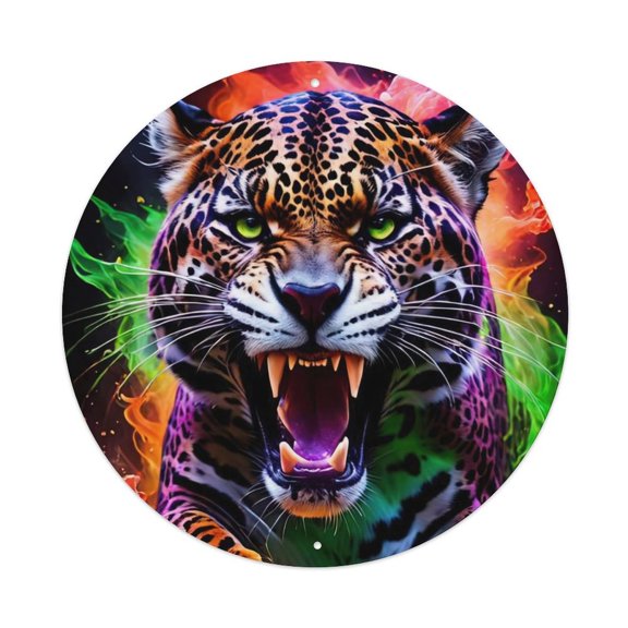 Animal Artwork Poster Angry Panther Vintage Metal Tin Sign Plaque Wall Decor for Cafe, Club, Garden Round Metal Poster 8x8Inch