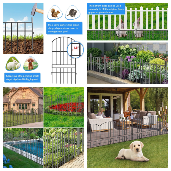 Animal Barrier Garden Fence,15 Pack Black 12''L x 25" H no dig Fence, Underground dig Protection for Dog Rabbits Rustproof Metal Wire Panel Border, 15 ft Ground Stakes for Outdoor Patio