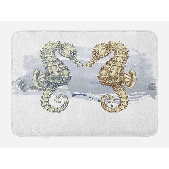 Animal Bath Mat, Seahorse Lovers in Paintbrush Artisan Technique Grunge Splash on Background, Plush Bathroom Decor Mat with Non Slip Backing, Cream Grey 30"x18"