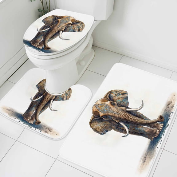 Animal Bathroom Rugs Set Elephant Stone Ivory Ear Nose Retro Pattern Non Slip Absorbent Soft Bath Mats 3 Piece Set with Bathroom Rug, U-Shaped Floor Mat, Toilet Seat Cover Large Size
