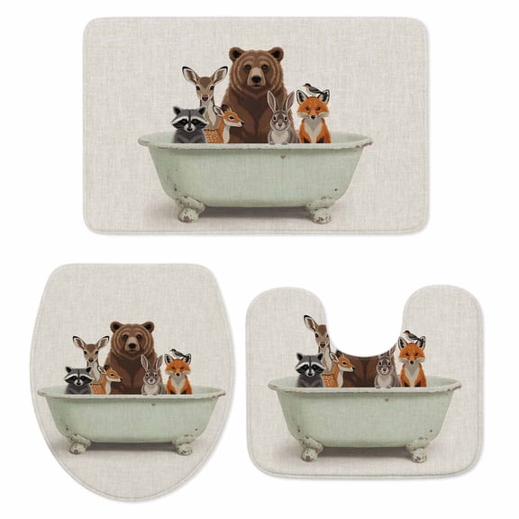 Animal Bathtub Bathroom Rugs Set Watercolor Cute Bear Deer Fox Rabbit Raccoon Linen Non Slip Absorbent Soft Bath Mats 3 Piece Set with Bathroom Rug, U-Shaped Floor Mat, Toilet Seat Cover Small Size