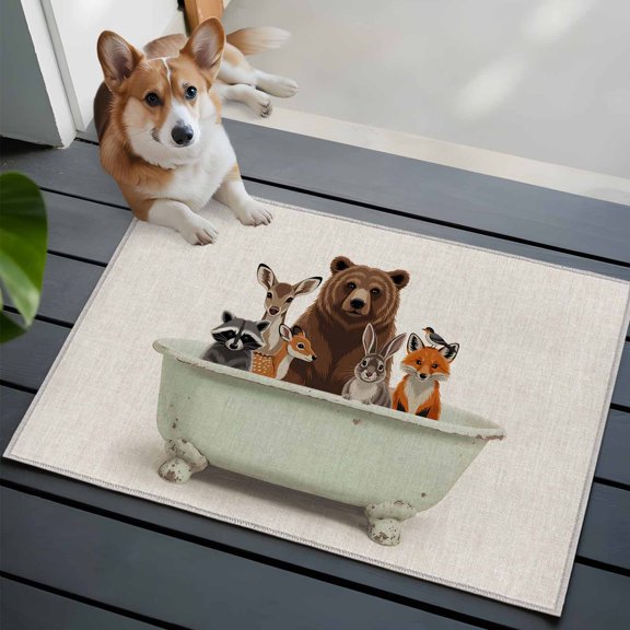 Animal Bathtub Front Door Rugs 2x3 ft Watercolor Cute Bear Deer Fox Rabbit Raccoon Linen Small Rug for Entryway Non Slip Washable Bathroom Door Mat Absorbent Floor Mat for Indoor Entrance