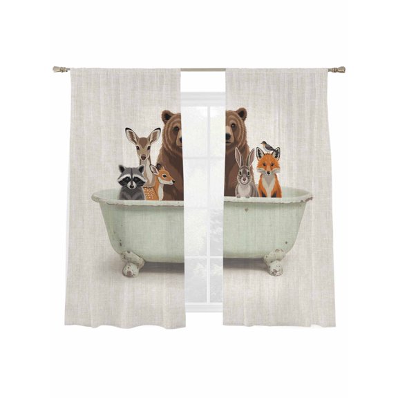 Animal Bathtub Sheer Curtains 2 Panels Set Watercolor Cute Bear Deer Fox Rabbit Raccoon Linen Sheer Window Curtains Light Filtering Rod Pocket Voile Drapes for Bedroom Living Room 52"x63"