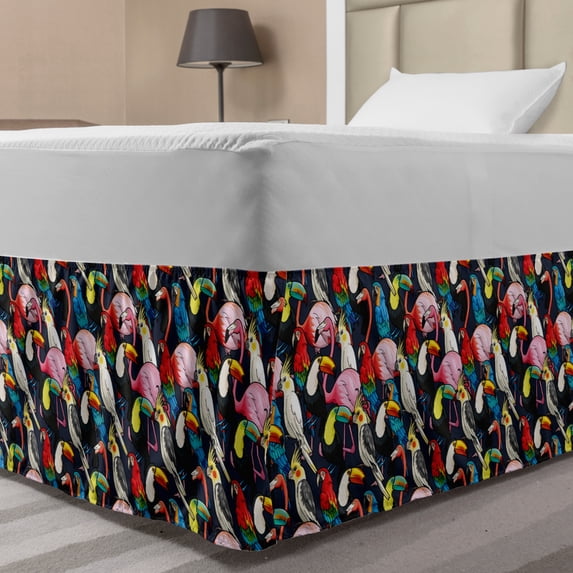 Animal Bed Skirt, Colorful Exotic Birds Cockatoo Flamingo Macaw Parrot Toucan Tropic Wildlife Artwork, Elastic Bedskirt Dust Ruffle Wrap Around for Bedding Decor, 4 Sizes, Multicolor, by Ambesonne