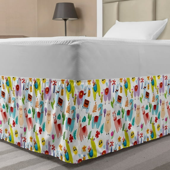 Animal Bed Skirt, Nursery Playroom Pattern with Llama Alpaca Cactus and Leaves Design Childhood, Elastic Bedskirt Dust Ruffle Wrap Around for Bedding Decor, 4 Sizes, Multicolor, by Ambesonne