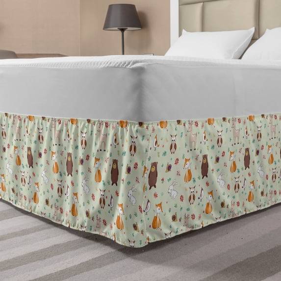 Animal Bed Skirt, Woodland Concept Childish Pattern with Forest Animals Deer Fox Bear Rabbit and Owl, Elastic Bedskirt Dust Ruffle Wrap Around for Bedding Decor, 4 Sizes, Multicolor, by Ambesonne
