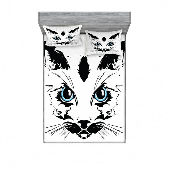 Animal Bedding Set with Sheet & Covers, Big Cat Face Pet with Whiskers with Dark Shadow Hand Drawn Image Print, Printed Bedroom Decor 2 Shams, 4 Sizes, Sky Blue White and Black, by Ambesonne