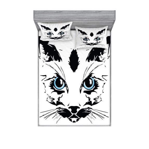 Animal Bedding Set with Sheet & Covers, Big Cat Face Pet with Whiskers with Dark Shadow Hand Drawn Image Print, Printed Bedroom Decor 2 Shams, 4 Sizes, Sky Blue White and Black, by Ambesonne