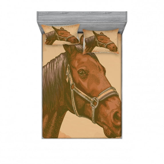 Animal Bedding Set with Sheet & Covers, Engraving Illustration of Detailed Hand Drawn Horse Head Retro Style Image, Printed Bedroom Decor 2 Shams, 4 Sizes, Brown and Sand Brown, by Ambesonne