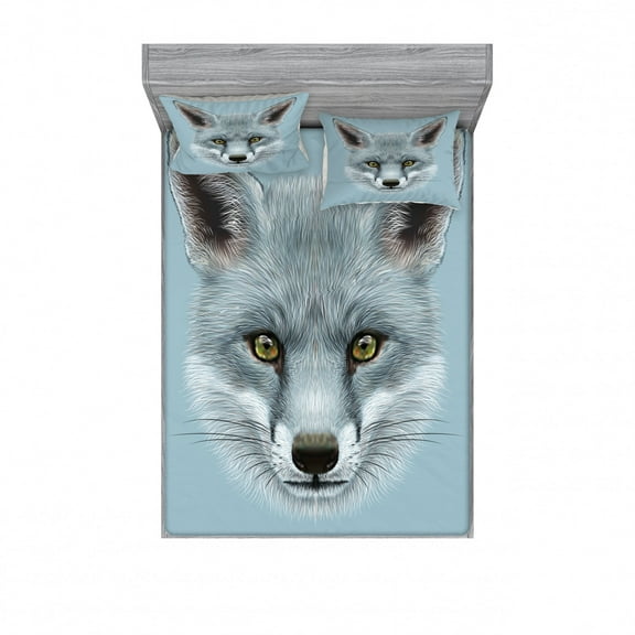 Animal Bedding Set with Sheet & Covers, Grey Fox Portrait Fluffy Forest Creature Mammal Wildlife Style Illustration, Printed Bedroom Decor 2 Shams, 4 Sizes, Pale Blue, by Ambesonne