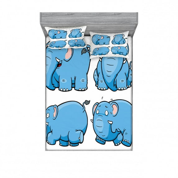 Animal Bedding Set with Sheet & Covers, Kids Nursery Boys Girls Baby Room Clumsy Cartoon Elephant Image Print, Printed Bedroom Decor 2 Shams, 4 Sizes, Baby Blue and White, by Ambesonne
