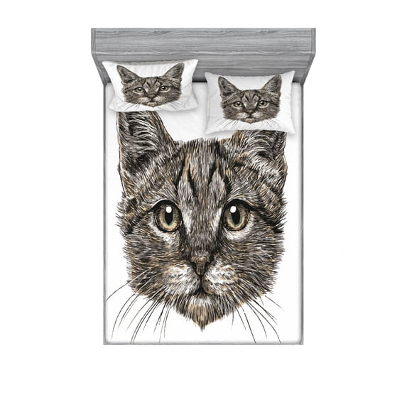 Ambesonne Animal Fitted Sheet & Pillow Sham Set, Sketchy Cat Head, Queen, Grey
