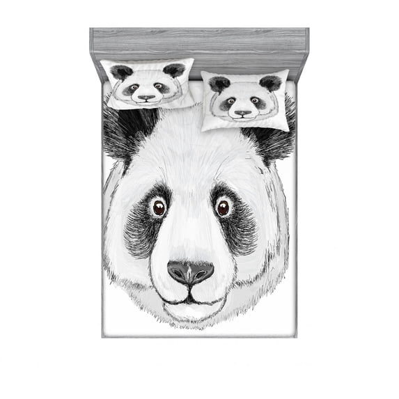 Animal Bedding Set with Sheet & Covers, Panda Fluffy Fat Hand Drawn Illustration Artwork, Printed Bedroom Decor 2 Shams, 4 Sizes, Lime Green White, by Ambesonne