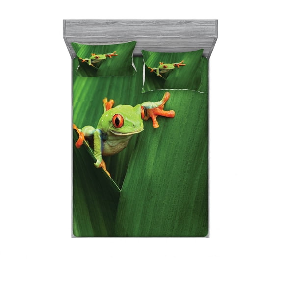 Animal Bedding Set with Sheet & Covers, Red Eyed Frog Between Exotic Macro Big Leaves Wild Nature Night Animal Vivid Colors, Printed Bedroom Decor 2 Shams, 4 Sizes, Green, by Ambesonne