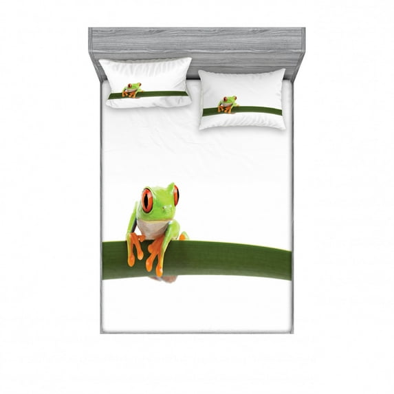 Animal Bedding Set with Sheet & Covers, Red Eyed Tree Frog Perches on a Long Slim Leaf Tropic Rainforest Animal Wild Life, Printed Bedroom Decor 2 Shams, 4 Sizes, Green White, by Ambesonne