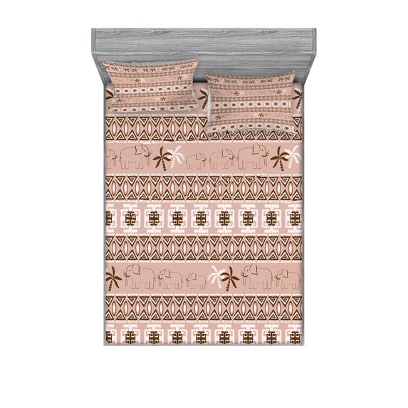Animal Bedding Set with Sheet & Covers, Safari Theme Pattern with Elephants and Palm Trees Illustration, Printed Bedroom Decor 2 Shams, 4 Sizes, Tan and Brown, by Ambesonne