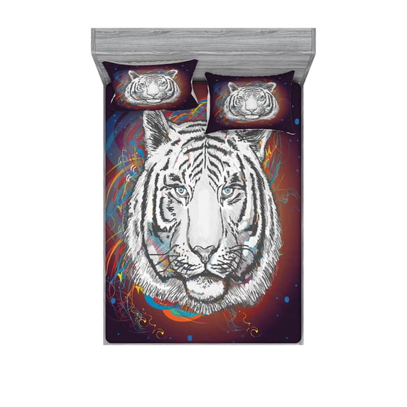Animal Bedding Set with Sheet & Covers, Wildlife Theme Modern Image of a White Tiger Lion Head from Outer Space, Printed Bedroom Decor 2 Shams, 4 Sizes, Brown White and Black, by Ambesonne